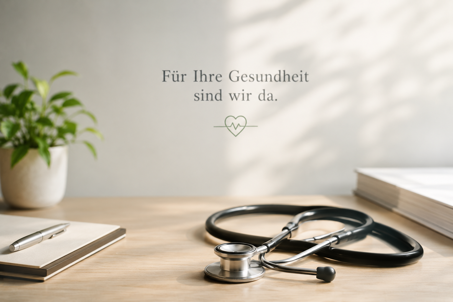 Ruhiges medizinisches Motiv mit Stethoskop und Hinweis Für Ihre Gesundheit sind wir da